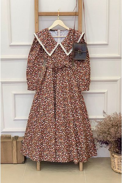 KÜÇÜĞÜM BUTİK Vintage Μεγάλος Γιακάς Καφέ Φλοράλ Φόρεμα Φαρδύ μακρυμάνικο