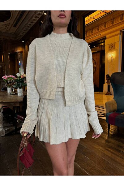 ZF BUTİK Nulla ujjú blúz-kardigán-redős szoknya 3 részes kötött női kötöttáru szett