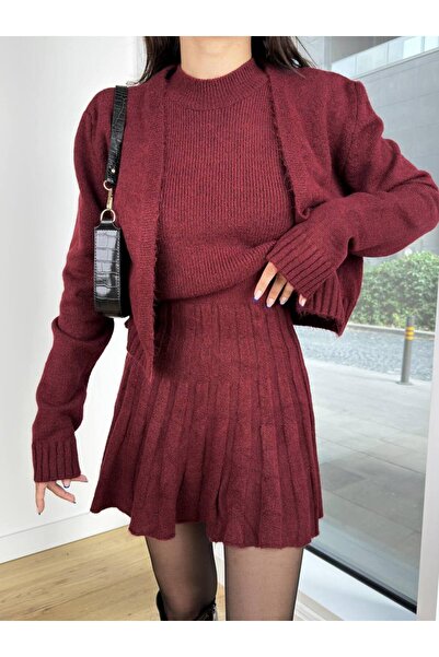 ZF BUTİK Nulla ujjú blúz-kardigán-redős szoknya 3 részes kötött női kötöttáru szett