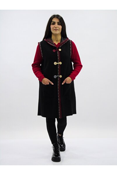 Sementa Etnik Desenli Uzun Yün Triko Yelek Siyah