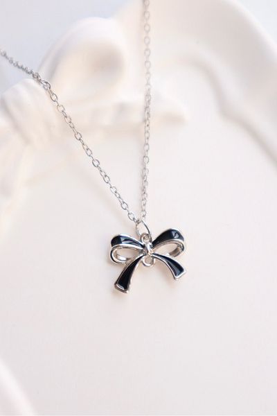 EFBUTİK Black Twin Bow Tie Bow Imported Necklace with Silver Color Chain