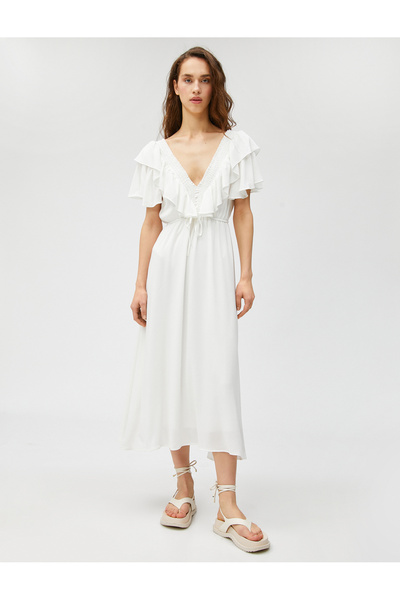 Koton Μακρύ φόρεμα βισκόζης με βολάν με λαιμόκοψη