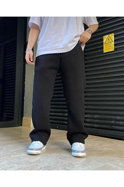 FİTGO Ανδρικό μαύρο χειμερινό βαμβακερό παντελόνι με ίσιο πόδι