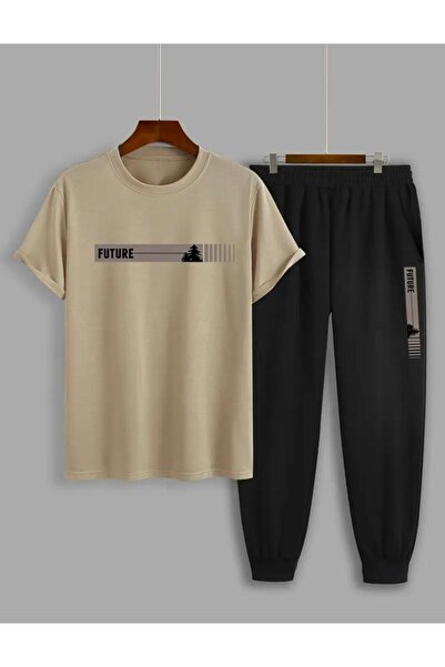 NO 601 Men's Beige Color Future Printed Tracksuit Tshirt Set