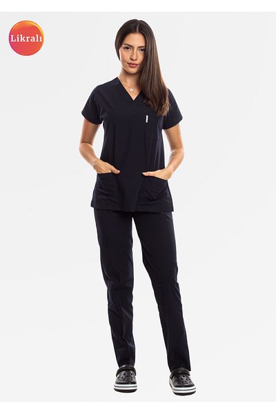 Simirna Üniforma Navy Blue Premium Fabric Lycra Surgical Doctor Nurse Jersey Scrubs Suit