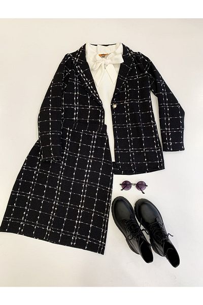 KÜÇÜĞÜM BUTİK Σετ Μαύρο Tweed Μπουφάν Φούστα (JACKET-FRACE)
