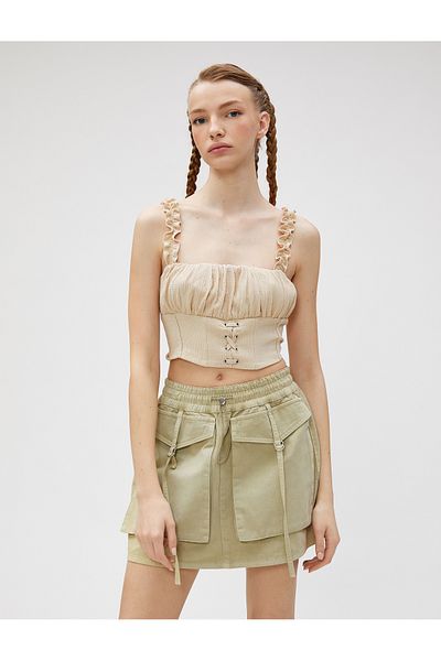 Koton Crop Top, Frilled Strap, Corset Look Slim Fit