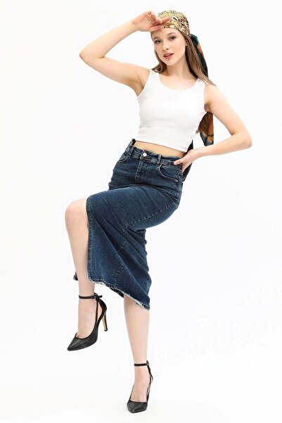 Modaca Kadın Yırtmaçlı Kot Etek Midi Boy Koyu Kar Yıkama