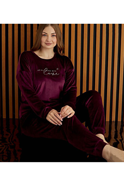 Pijamoni Büyük Beden Fransız Kadife Uzun Kol Pijama Takım 4220 Fuşya