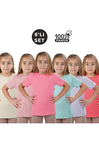 Lovella Set de 6 tricouri din bumbac cu guler rotund - roz rodie, pudra lilia...