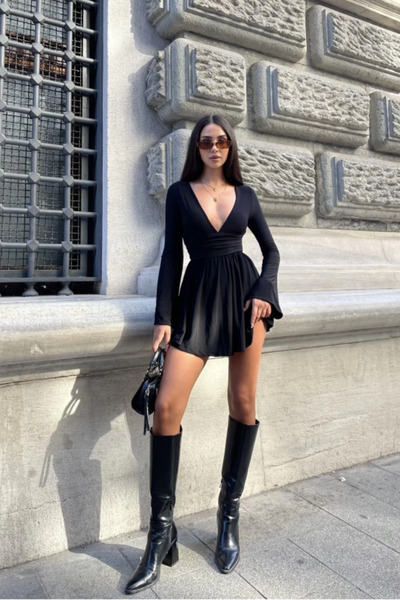 TrendyFashion Γυναικείο μαύρο φόρεμα με λαιμόκοψη σε σχήμα V