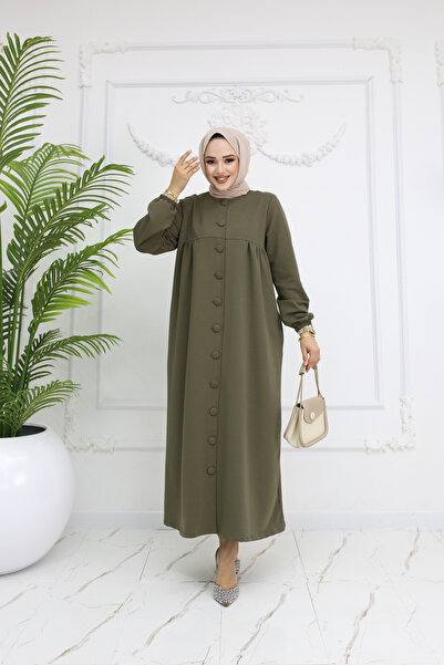 ALLMİRA FASHION قبعة حجاب كاكي Ferace - مع تفاصيل الأزرار واللباس