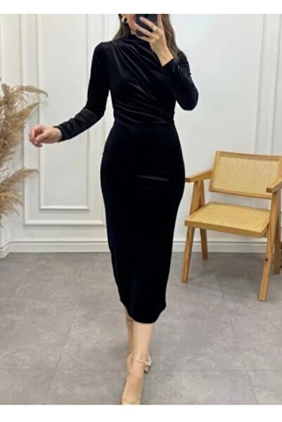 Selence Yandan drapeli kadife elbise siyah