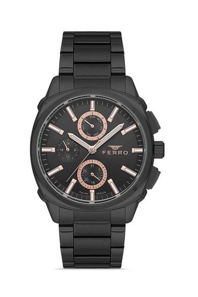 FERRO Black Color Function Sport Case Men's Wristwatch with Metal Band