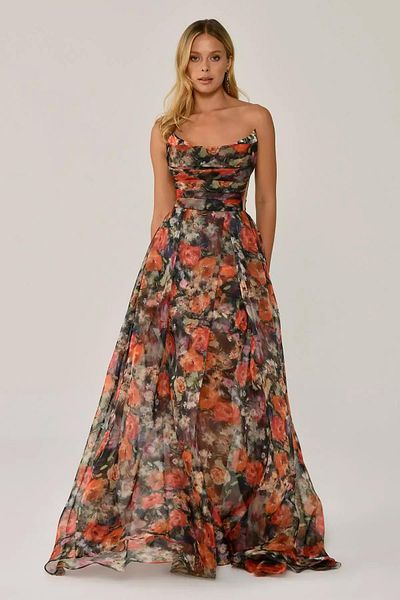 ALFABETA Strapless Patterned Evening Dress with Mini Skirt Inside
