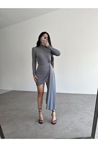 Büşra Doğramacı Orj. Drapeli Gri Elbise