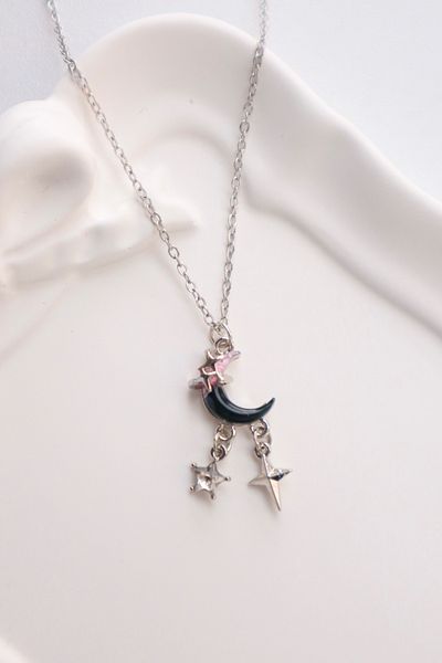 EFBUTİK Silver Color Chain with Pink Black Star Dangle Moon Imported Necklace