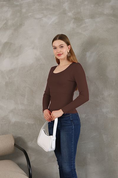 LUQAJ Women's Brown Lycra Ribbed Long Sleeve Gathering Knitwear Sweater