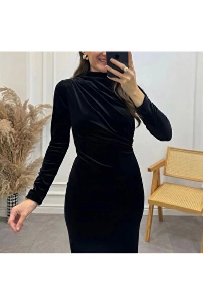 Selence Yandan drapeli kadife elbise siyah