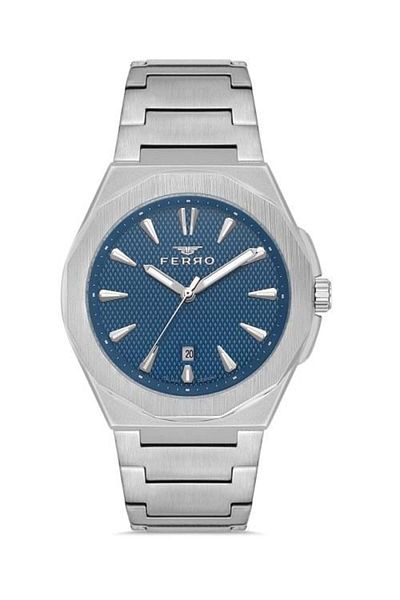 FERRO Silver Color Sport Case Men's Wristwatch with Metal Band