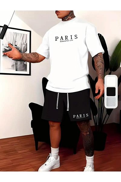 NO 601 Men's White Paris City Printed Shorts Tshirt Set