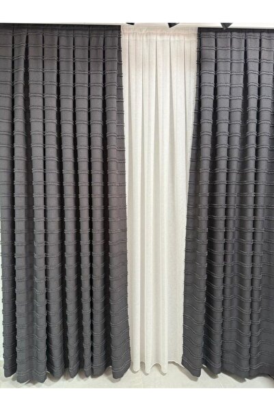 DİPER HOME Püsküllü Fon Antresit Keten 1.kalite 1/3 sık pile (Tek kanat)