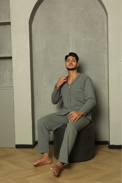 Huq Moda Σετ πιτζάμες Sude ανδρική ποπλίνα καπνιστή μακρυμάνικη χτενισμένη βαμβακερή πιτζάμα