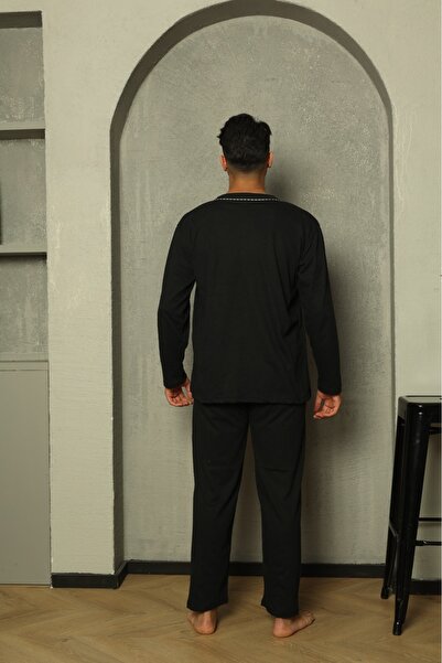 Huq Moda Sude Men's Poplin Black Ribbed Long Sleeve Button-Down Combed Cotton Pajamas Set