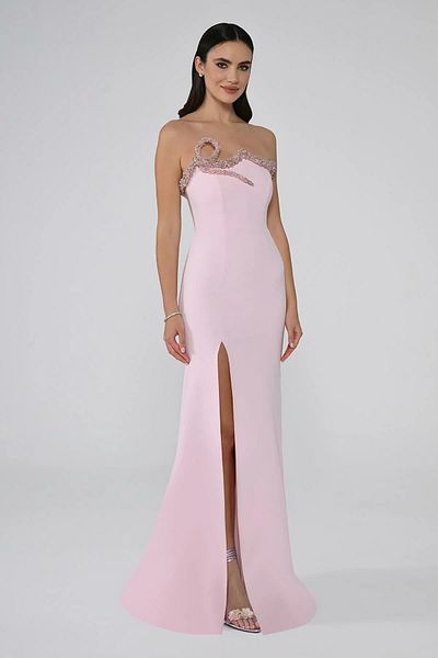 ALFABETA Asymmetrical Cut Strapless Long Dress with Stone Detail - Front Slit