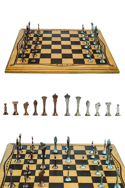 Metalicraft Mc46 Large Size Metal Chess Set 37X37Cm Natural Wood Beech Board - Handmade Antique Metal Stones