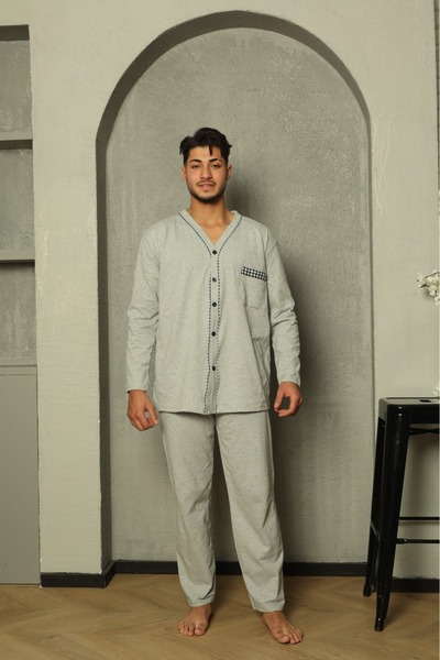 Huq Moda Sude Men's Poplin Gray Ribbed Long Sleeve Button-Down Combed Cotton Pajamas Set