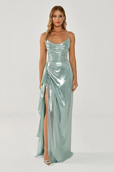 ALFABETA قماش لامع - فستان طويل بتفاصيل فتحة جانبية