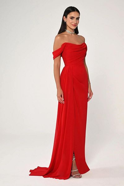 ALFABETA Long Chiffon Evening Dress - Off Shoulder and Side Slit Detail