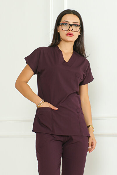 EDİFOR Scrubs Mürdüm Likralı Doktor/ Hemşire Forması Alt Üst Takım Cerrahi Fo...