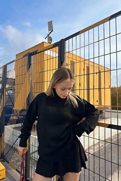 HARMONY GLOBAL Turtleneck Oversized Sweater Pleated High Waist Mini Skirt Asmer Women's Smoked Knitwear Set