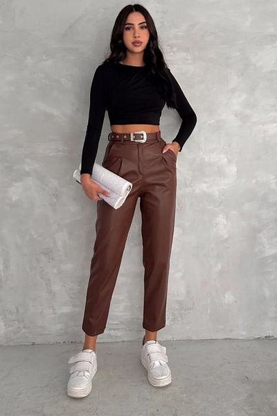 Swana Leather Pants with Carotton Button Belt-Brown
