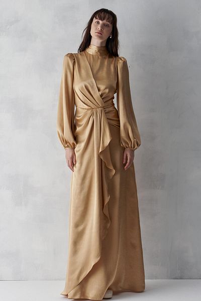 NKL Long Satin Evening Dress - Flounced Front Dress
