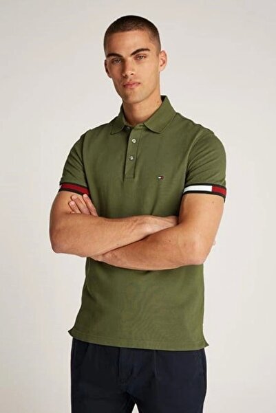 Tommy Hilfiger تي شيرت FLAG CUFF SLIM POLO للرجال باللون الكاكي MW0MW37518RBN