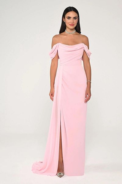 ALFABETA Long Chiffon Evening Dress - Off Shoulder and Side Slit Detail