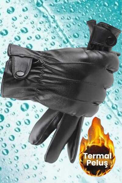 Trenderrs Erkek Su ve Rüzgar Geçirmez Vegan Deri Termal Eldiven Erkek Eldiven