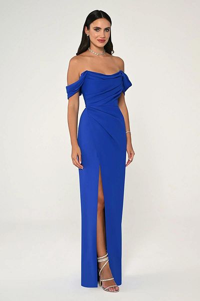 ALFABETA Long Crepe Evening Dress - Off-Shoulder and Side Slit Detail