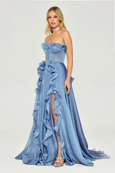 ALFABETA Long Strapless Flounced Bodice Evening Dress