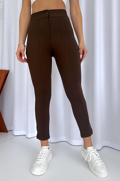 FEVİLLE Women's Brown High Waist Recovery Tight Leg Grass Fabric Trousers