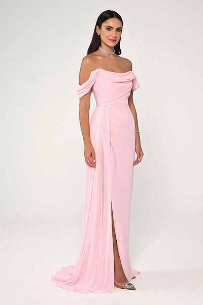 ALFABETA Long Chiffon Evening Dress - Off Shoulder and Side Slit Detail