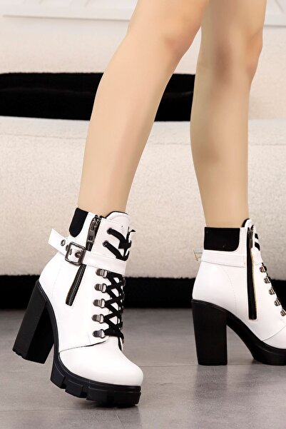 LEYDİ SHOES KCL-1005 Λευκές δερμάτινες μπότες με τακούνι πλατφόρμας