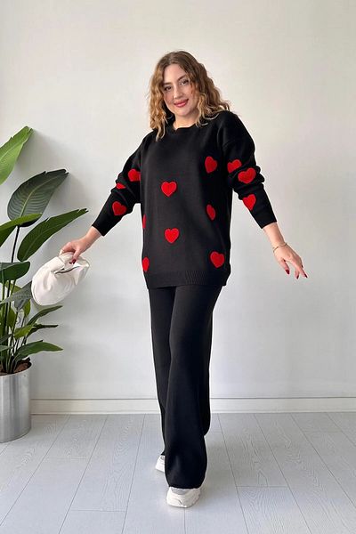 İpli Black Heart Patterned Women's Trousers Set with Embroidery