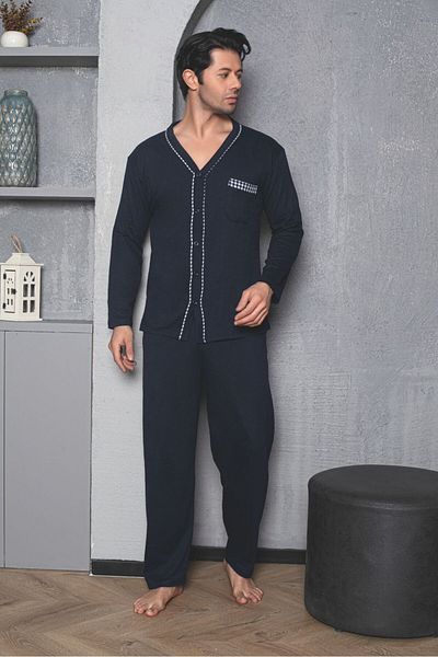 Huq Moda Σετ πιτζάμες Sude Ανδρική Ποπλίνα Navy Blue Piping μακρυμάνικο με κουμπιά χτενισμένη βαμβακερή πιτζάμα