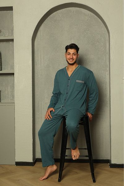 Huq Moda Σετ πιτζάμες Sude ανδρική ποπλίνα λαδιού με μακρύ μανίκι χτενισμένη βαμβακερή πιτζάμες