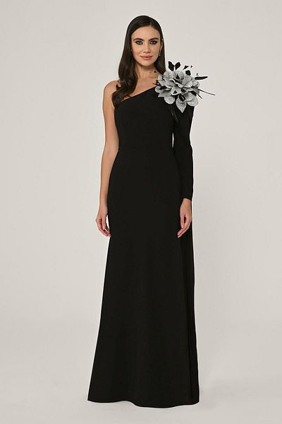 ALFABETA Long One Shoulder Evening Dress - Big Rose Detail