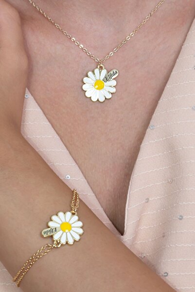 Takı Dükkanı Kişiye Özel Isimli Mineli Gold Papatya Kolye Bileklik Seti Bbs05